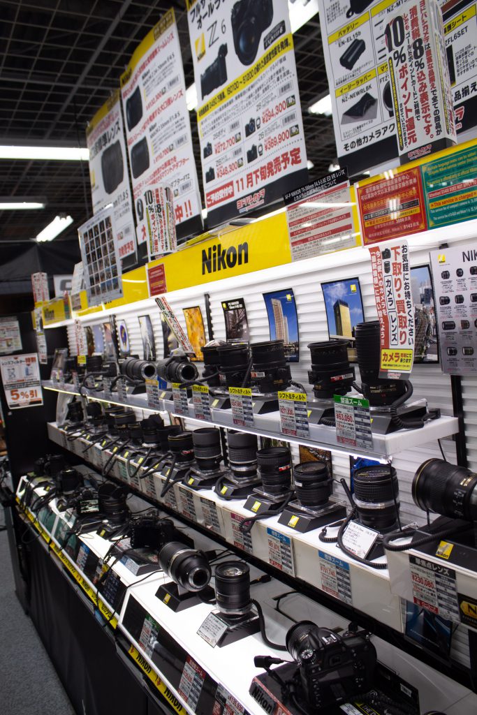 Camera lenses on display In Yodobashi Camera